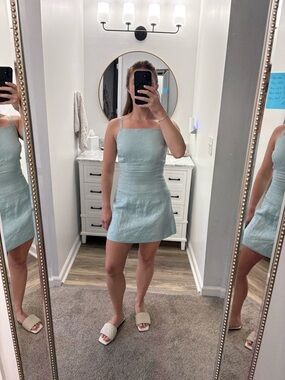 Reformation Light Blue Linen-Blend Square Neck Mini Dress size 4/S
